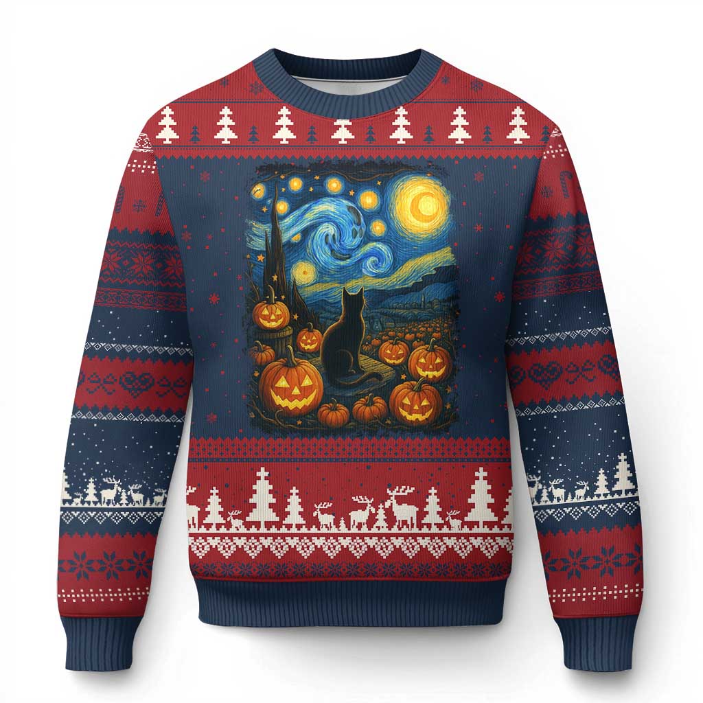 Halloween Cat Starry Night Van Gogh Cat Lovers Ugly Christmas Sweater TS11 Navy Red Print Your Wear