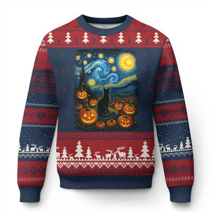 Halloween Cat Starry Night Van Gogh Cat Lovers Ugly Christmas Sweater TS11 Navy Red Print Your Wear