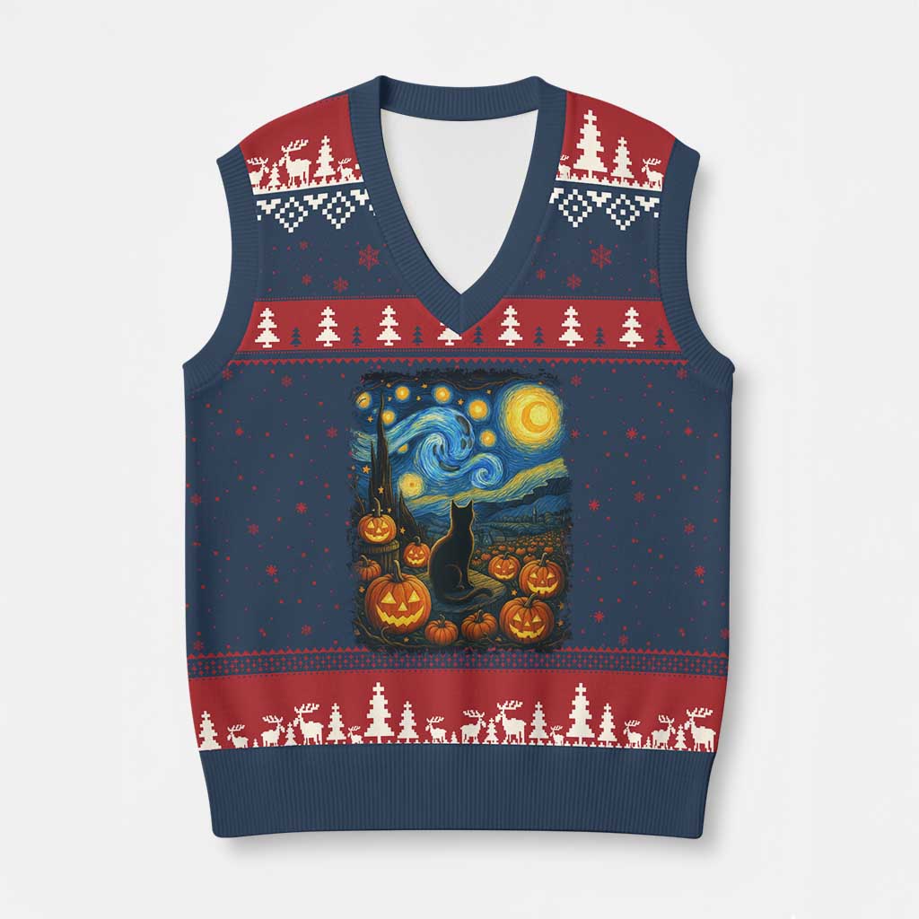 Halloween Cat Starry Night Van Gogh Cat Lovers V-Neck Knit Sweater Vest TS11 Navy Red Print Your Wear
