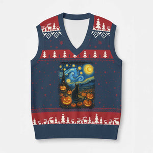Halloween Cat Starry Night Van Gogh Cat Lovers V-Neck Knit Sweater Vest TS11 Navy Red Print Your Wear
