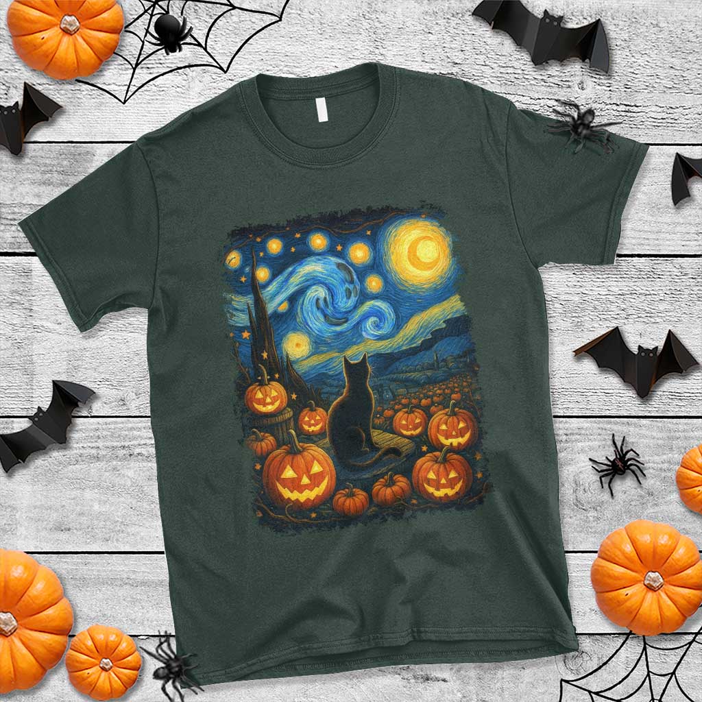 Halloween Cat Starry Night Van Gogh Cat Lovers T Shirt TS11 Dark Forest Green Print Your Wear