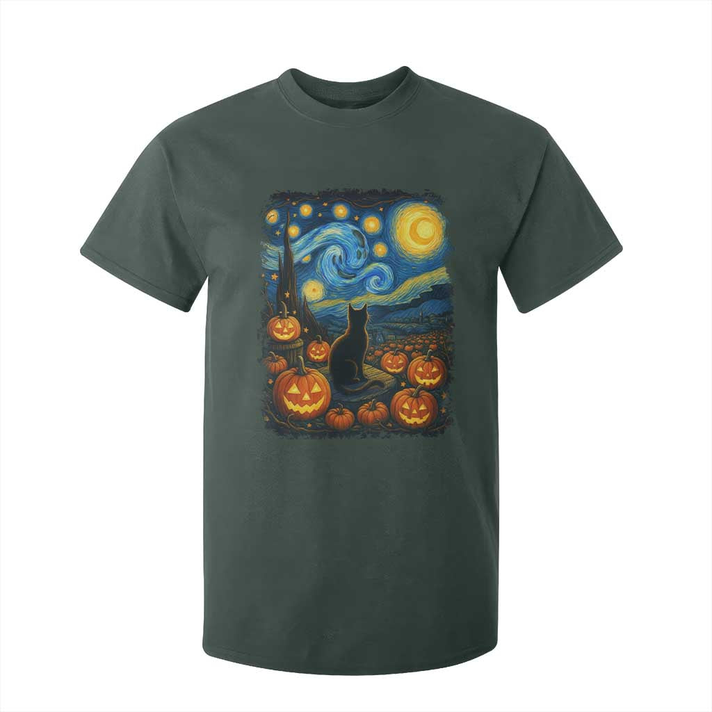 Halloween Cat Starry Night Van Gogh Cat Lovers T Shirt For Kid TS11 Dark Forest Green Print Your Wear