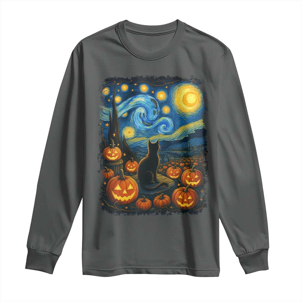 Halloween Cat Starry Night Van Gogh Cat Lovers Long Sleeve Shirt TS11 Dark Heather Print Your Wear
