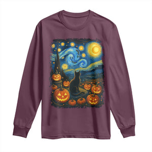 Halloween Cat Starry Night Van Gogh Cat Lovers Long Sleeve Shirt TS11 Maroon Print Your Wear