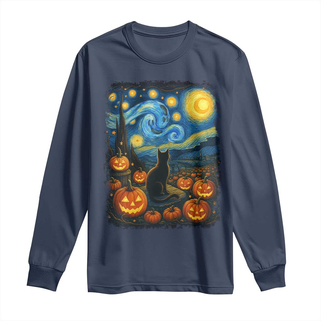 Halloween Cat Starry Night Van Gogh Cat Lovers Long Sleeve Shirt TS11 Navy Print Your Wear