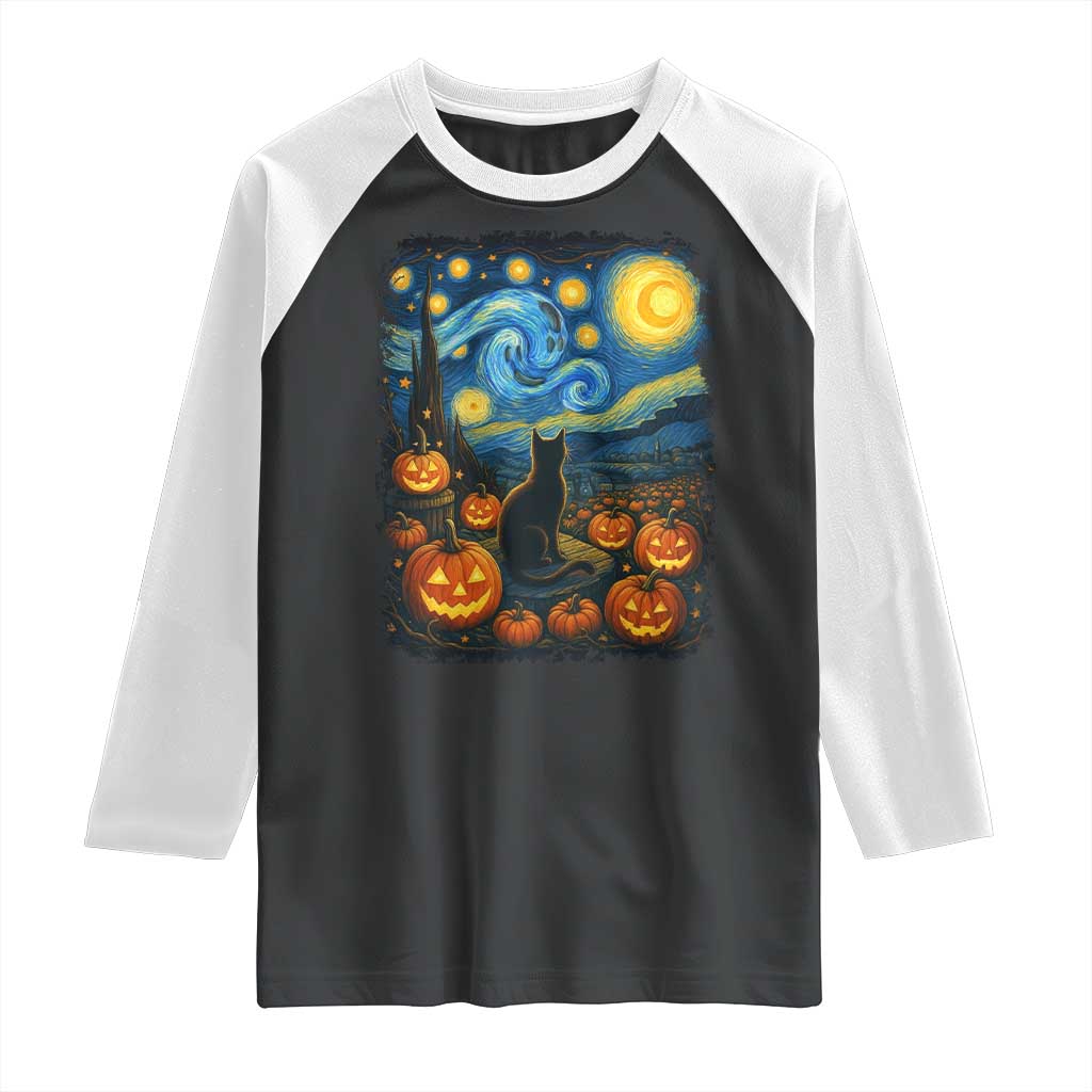 Halloween Cat Starry Night Van Gogh Cat Lovers Raglan Shirt TS11 Black White Print Your Wear