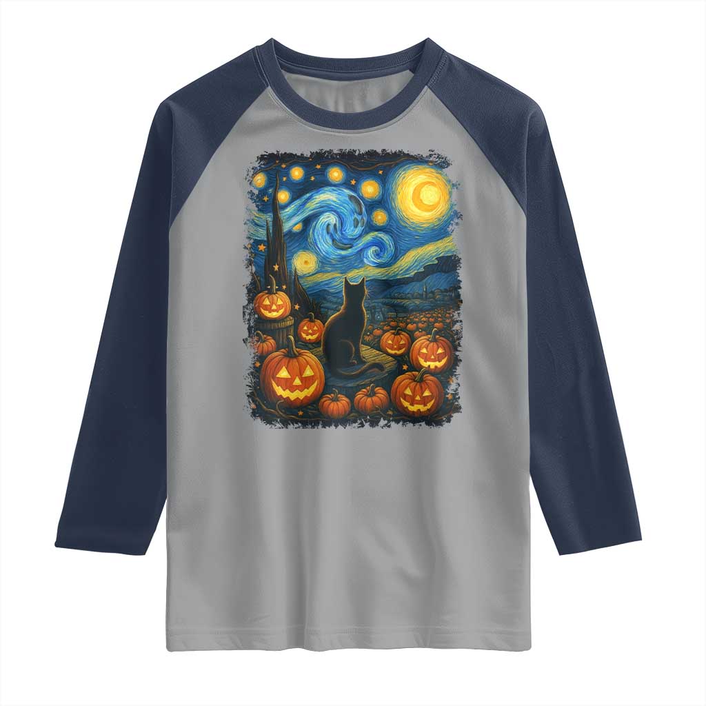 Halloween Cat Starry Night Van Gogh Cat Lovers Raglan Shirt TS11 Sport Gray Navy Print Your Wear