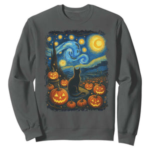 Halloween Cat Starry Night Van Gogh Cat Lovers Sweatshirt TS11 Dark Heather Print Your Wear