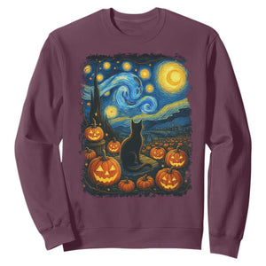 Halloween Cat Starry Night Van Gogh Cat Lovers Sweatshirt TS11 Maroon Print Your Wear