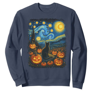 Halloween Cat Starry Night Van Gogh Cat Lovers Sweatshirt TS11 Navy Print Your Wear