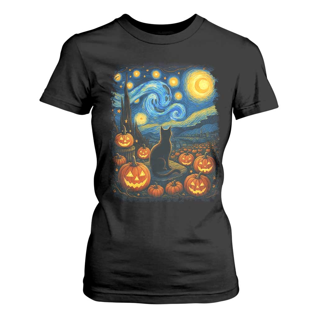 Halloween Cat Starry Night Van Gogh Cat Lovers T Shirt For Women TS11 Black Print Your Wear