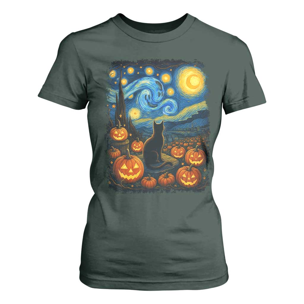 Halloween Cat Starry Night Van Gogh Cat Lovers T Shirt For Women TS11 Dark Forest Green Print Your Wear