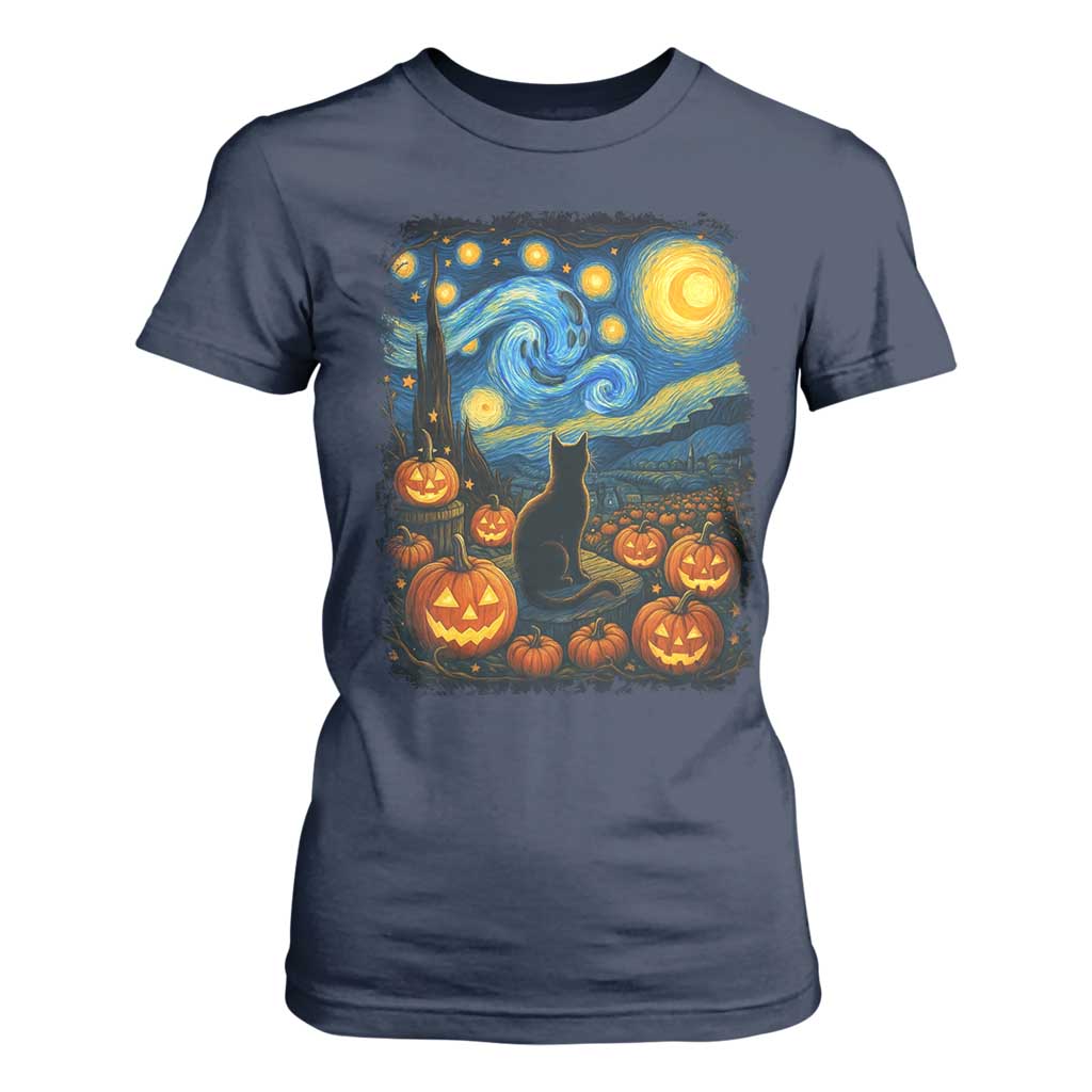 Halloween Cat Starry Night Van Gogh Cat Lovers T Shirt For Women TS11 Navy Print Your Wear