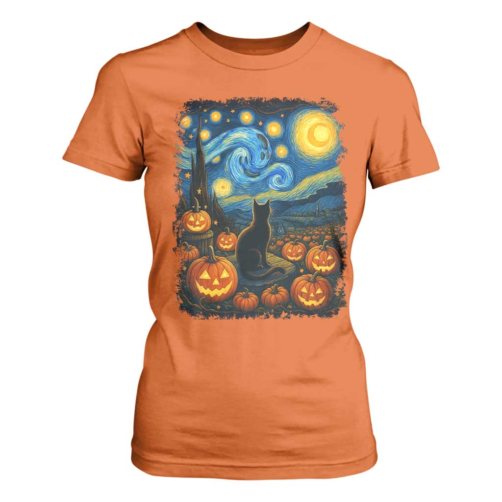 Halloween Cat Starry Night Van Gogh Cat Lovers T Shirt For Women TS11 Orange Print Your Wear