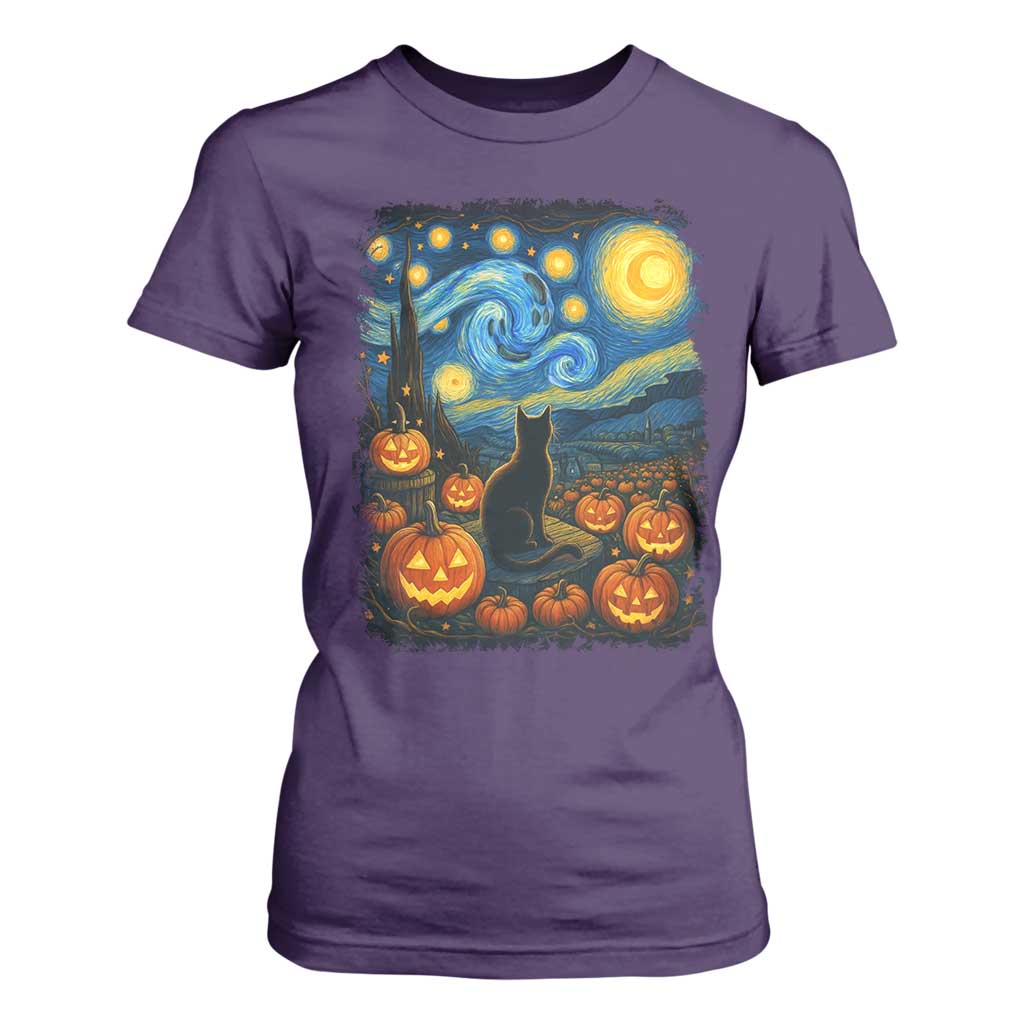 Halloween Cat Starry Night Van Gogh Cat Lovers T Shirt For Women TS11 Purple Print Your Wear