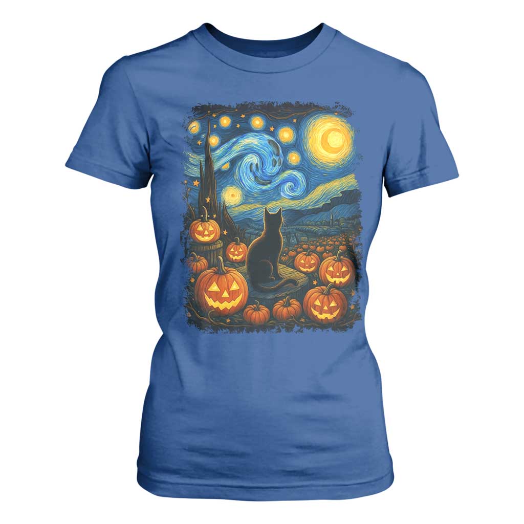 Halloween Cat Starry Night Van Gogh Cat Lovers T Shirt For Women TS11 Royal Blue Print Your Wear