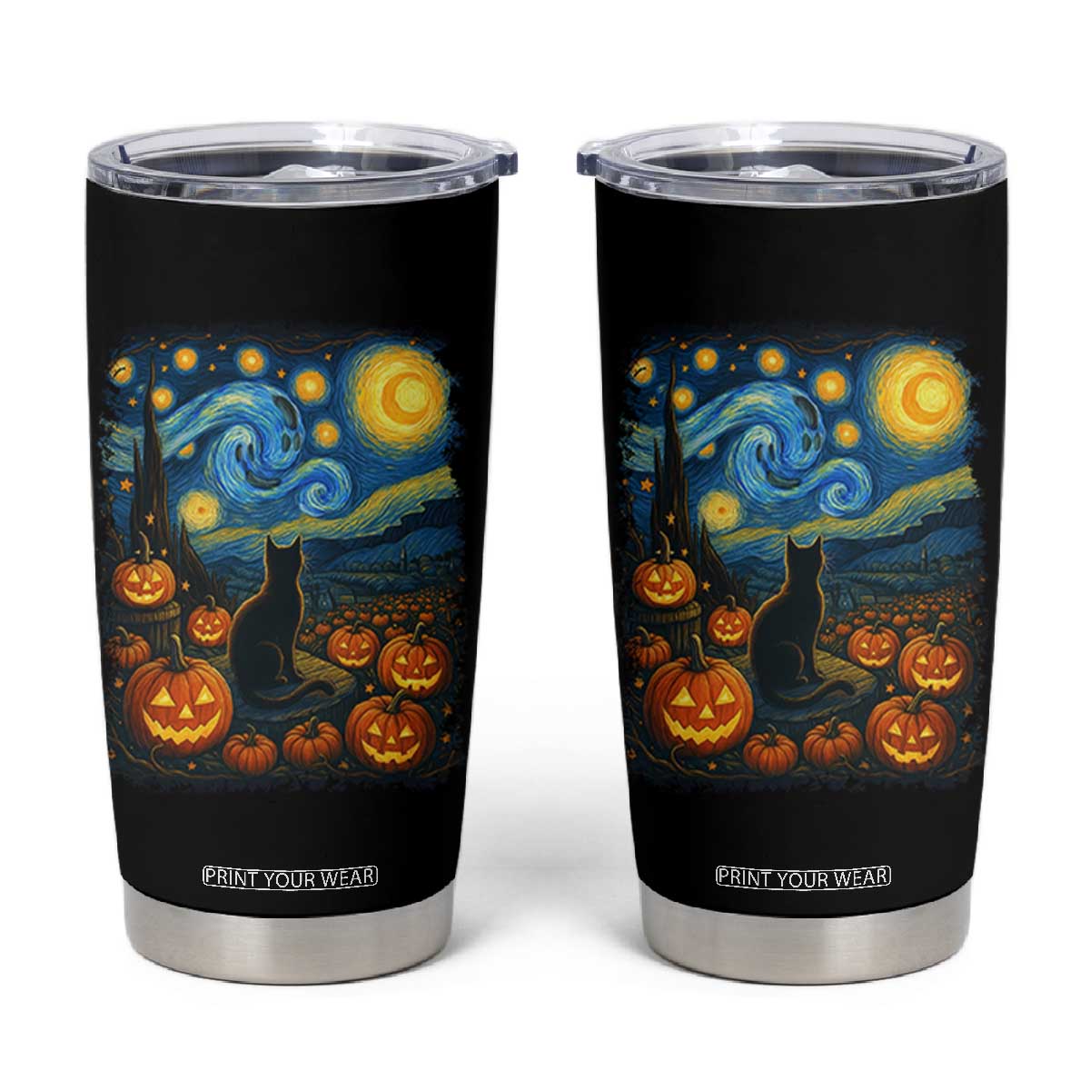 Halloween Cat Starry Night Van Gogh Cat Lovers Tumbler Cup TS11 Black Print Your Wear