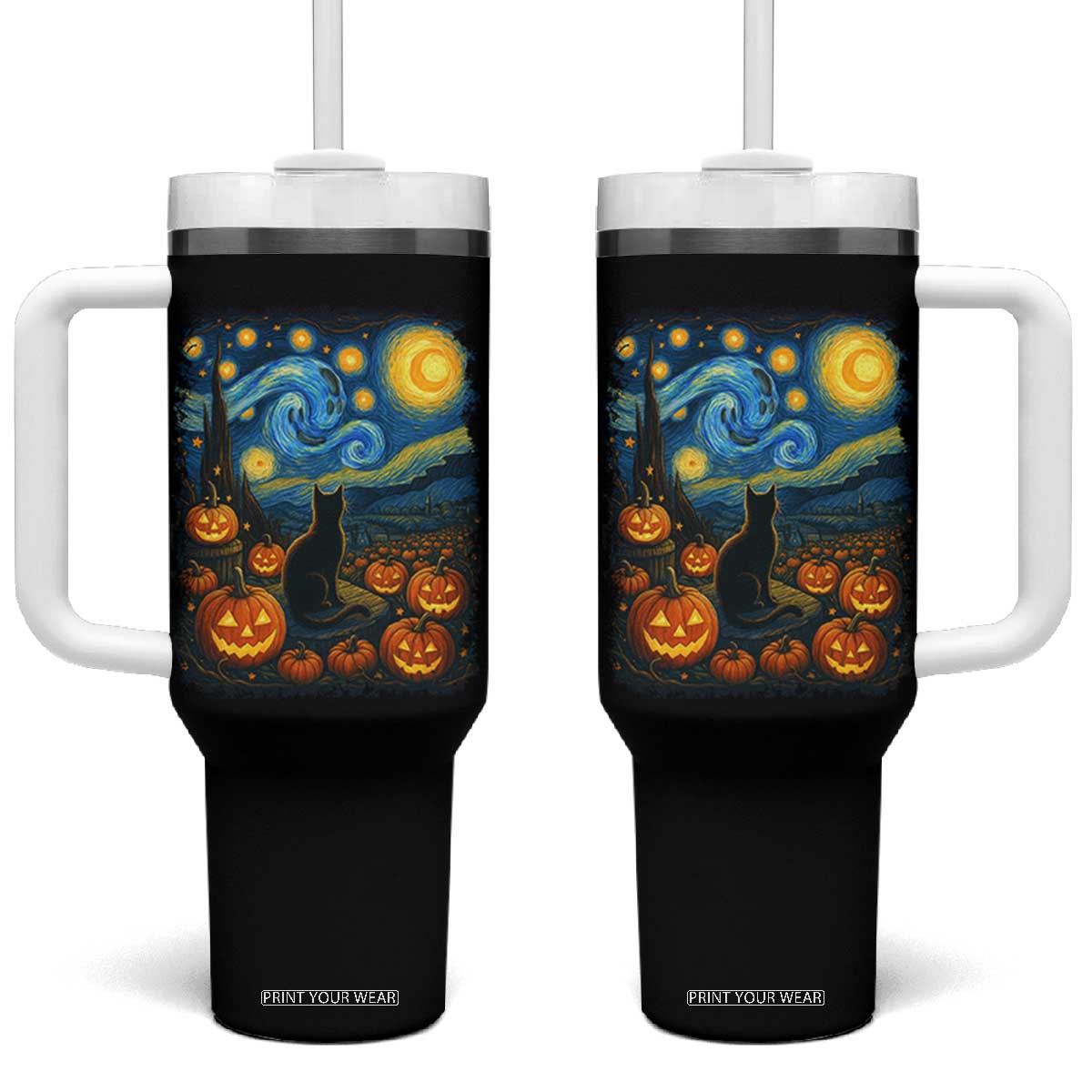 Halloween Cat Starry Night Van Gogh Cat Lovers Tumbler With Handle TS11 One Size: 40 oz Black Print Your Wear