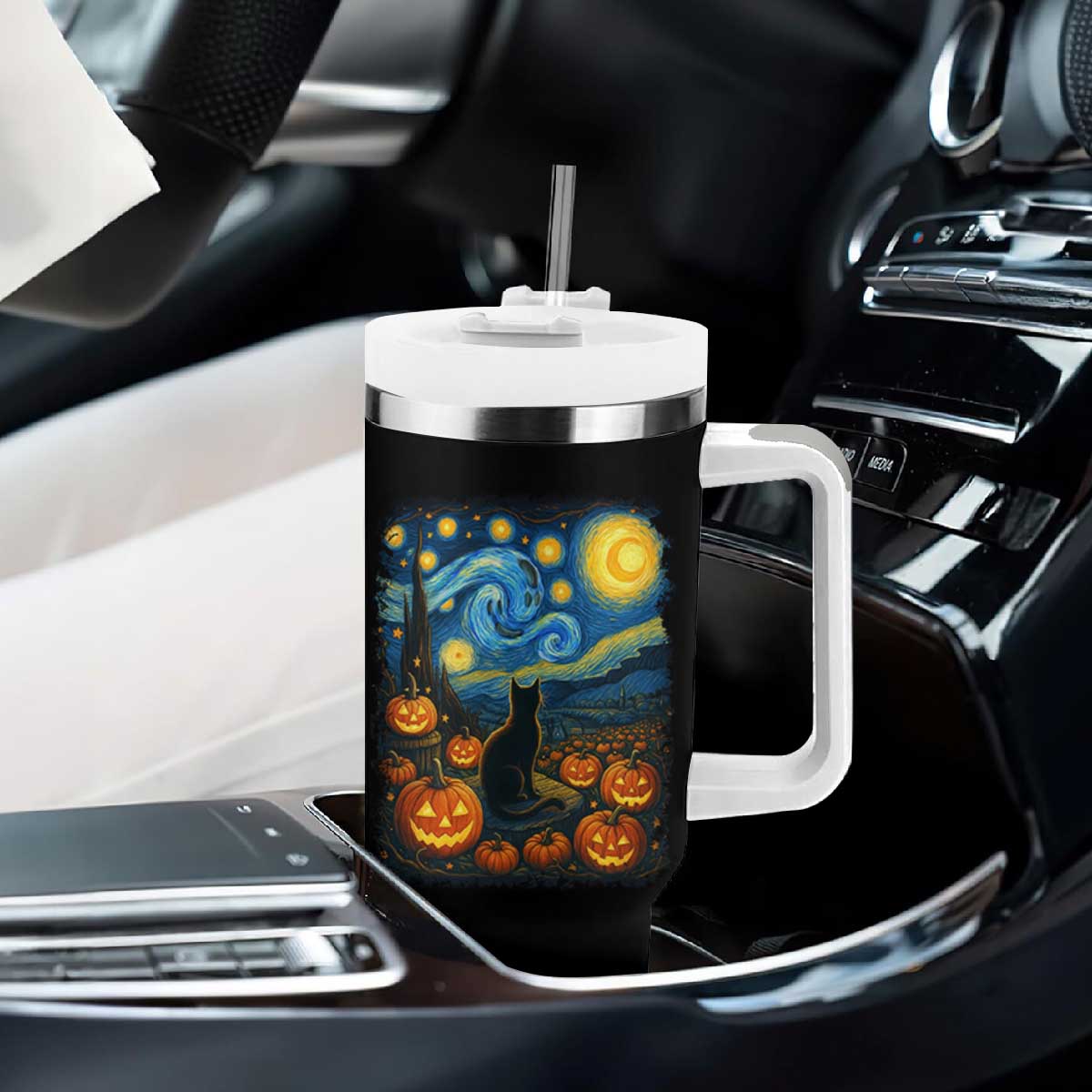 Halloween Cat Starry Night Van Gogh Cat Lovers Tumbler With Handle TS11 Print Your Wear