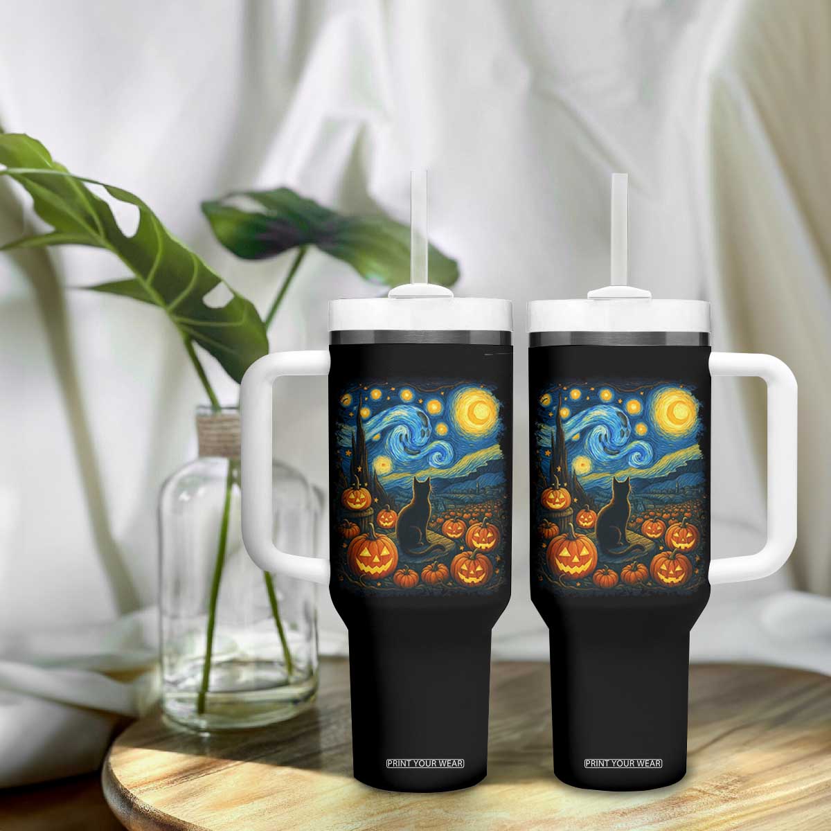 Halloween Cat Starry Night Van Gogh Cat Lovers Tumbler With Handle TS11 Print Your Wear