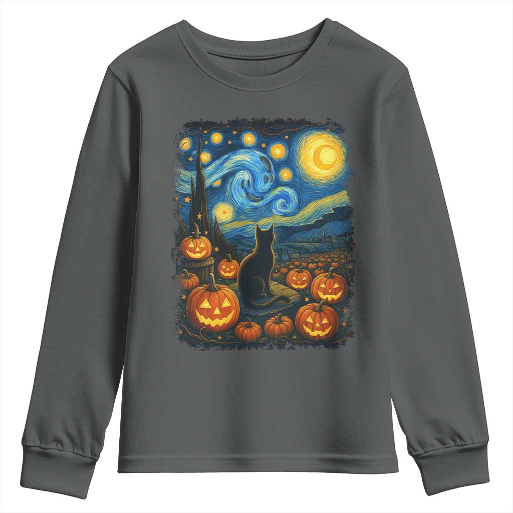 Halloween Cat Starry Night Van Gogh Cat Lovers Youth Sweatshirt TS11 Dark Heather Print Your Wear