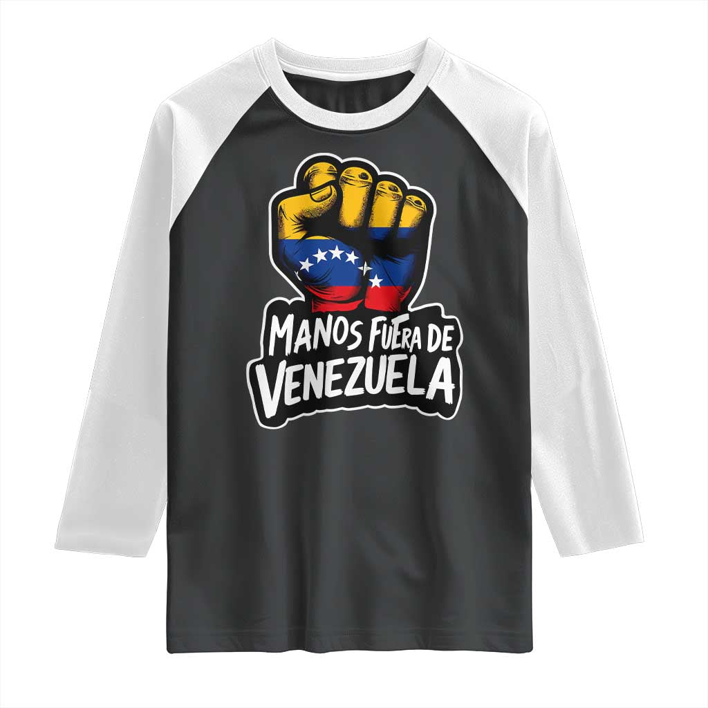 Manos Fuera De Venezuela Raglan Shirt Venezuelan Flag TS11 Black White Print Your Wear