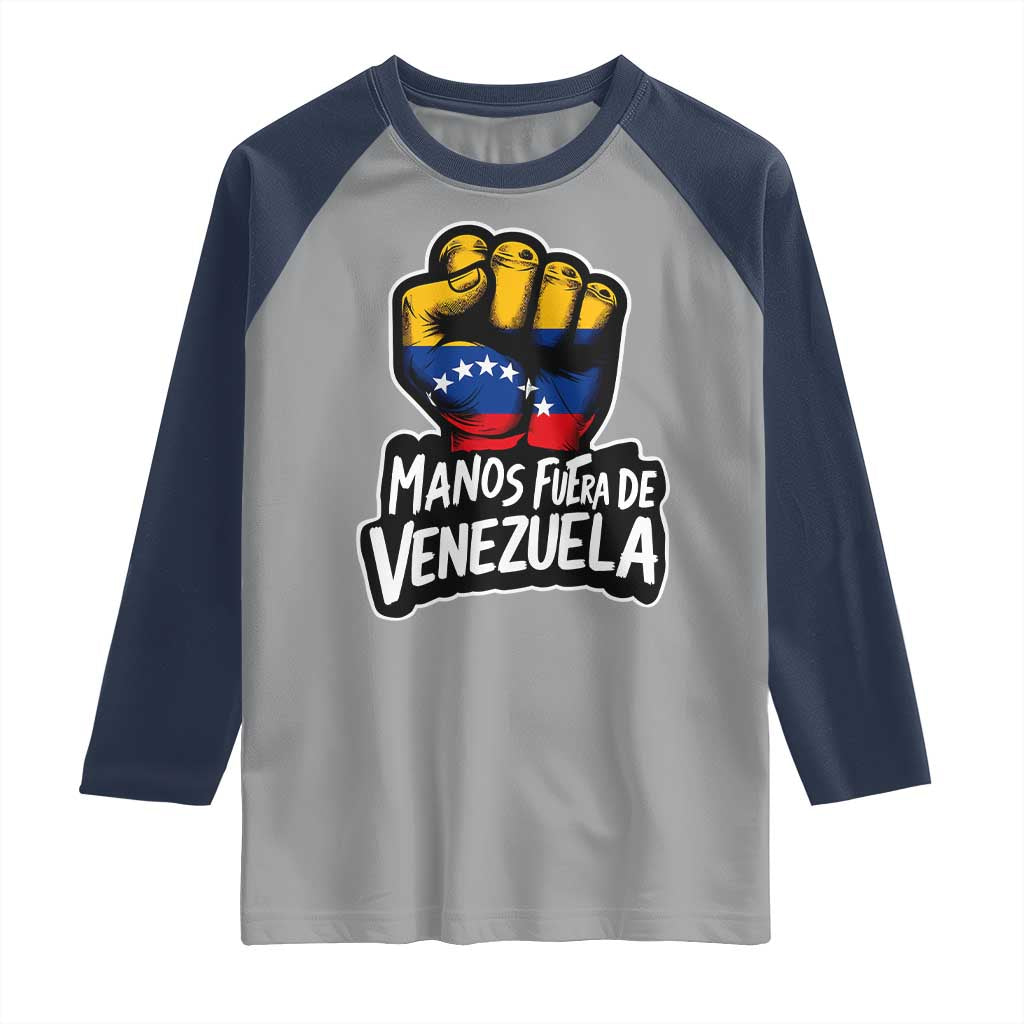 Manos Fuera De Venezuela Raglan Shirt Venezuelan Flag TS11 Sport Gray Navy Print Your Wear