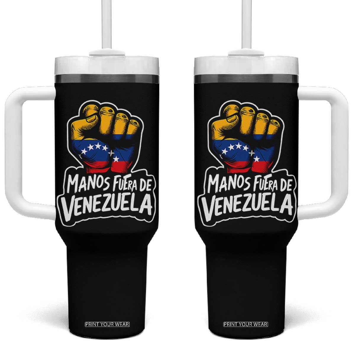 Manos Fuera De Venezuela Tumbler With Handle Venezuelan Flag TS11 One Size: 40 oz Black Print Your Wear