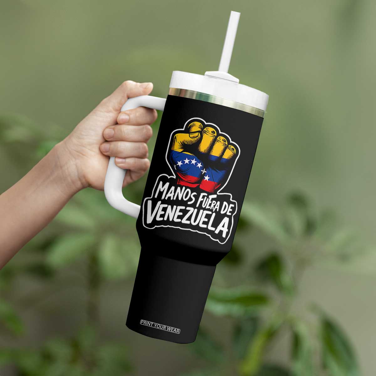 Manos Fuera De Venezuela Tumbler With Handle Venezuelan Flag TS11 Print Your Wear