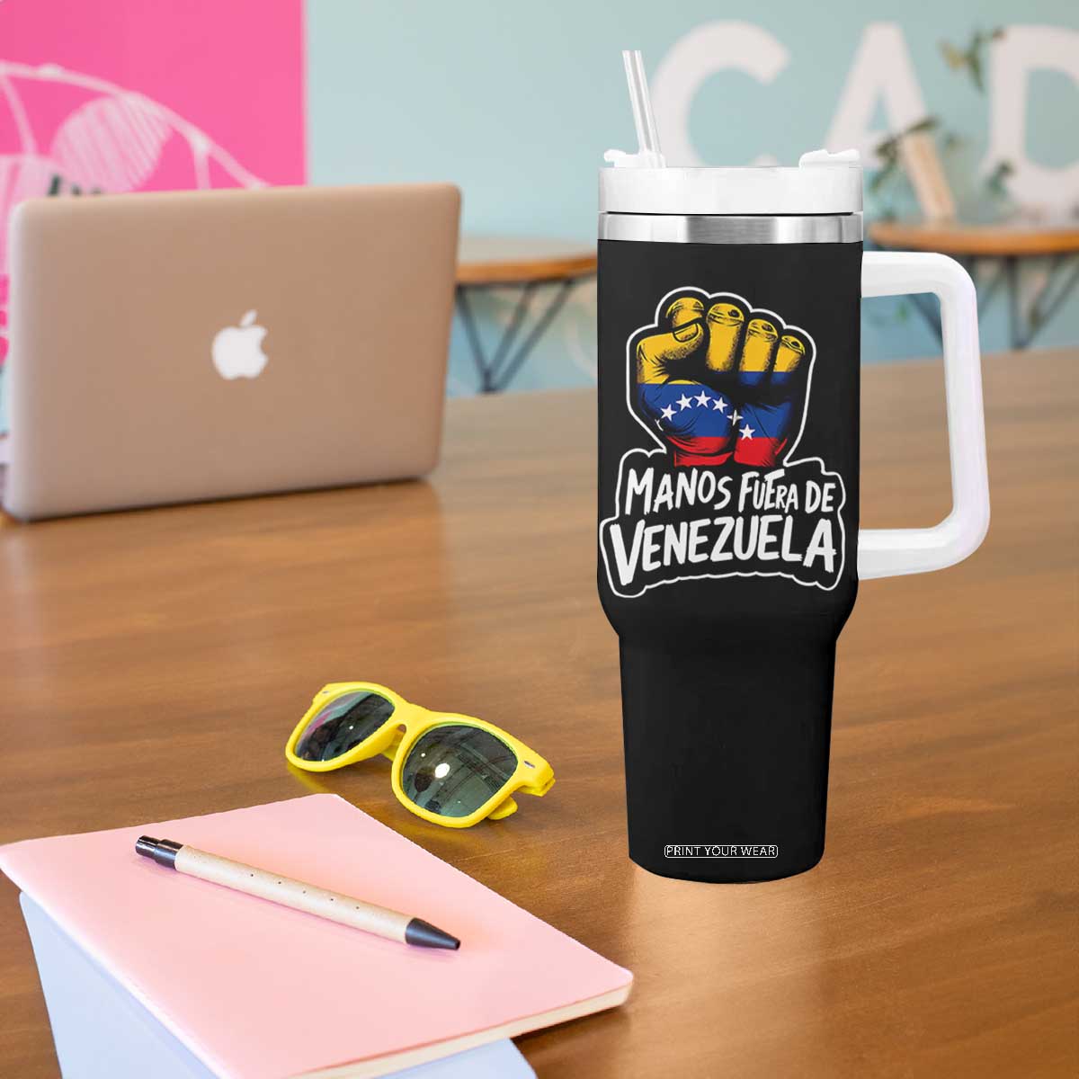 Manos Fuera De Venezuela Tumbler With Handle Venezuelan Flag TS11 Print Your Wear