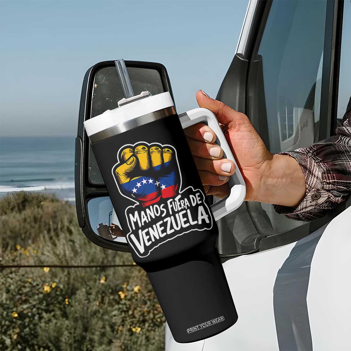 Manos Fuera De Venezuela Tumbler With Handle Venezuelan Flag TS11 Print Your Wear