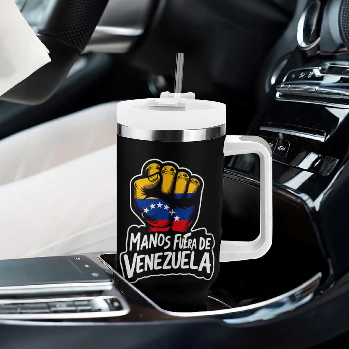 Manos Fuera De Venezuela Tumbler With Handle Venezuelan Flag TS11 Print Your Wear