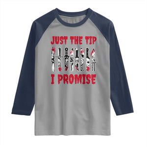 Funny Halloween Just The Tip I Promise Raglan Shirt Horror Movie Knives TS11 Sport Gray Navy Print Your Wear