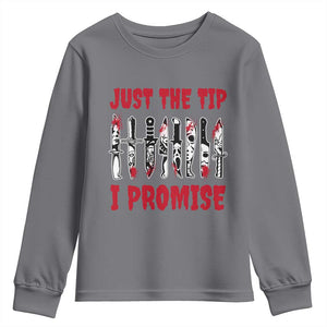 Funny Halloween Just The Tip I Promise Youth Sweatshirt Horror Movie Knives TS11 Charcoal Print Your Wear