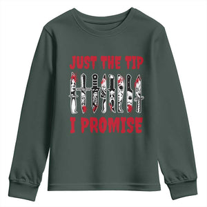 Funny Halloween Just The Tip I Promise Youth Sweatshirt Horror Movie Knives TS11 Dark Forest Green Print Your Wear