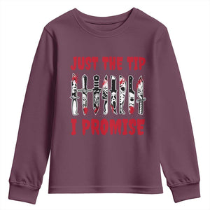 Funny Halloween Just The Tip I Promise Youth Sweatshirt Horror Movie Knives TS11 Maroon Print Your Wear