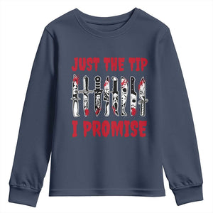 Funny Halloween Just The Tip I Promise Youth Sweatshirt Horror Movie Knives TS11 Navy Print Your Wear