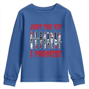 Funny Halloween Just The Tip I Promise Youth Sweatshirt Horror Movie Knives TS11 Royal Blue Print Your Wear