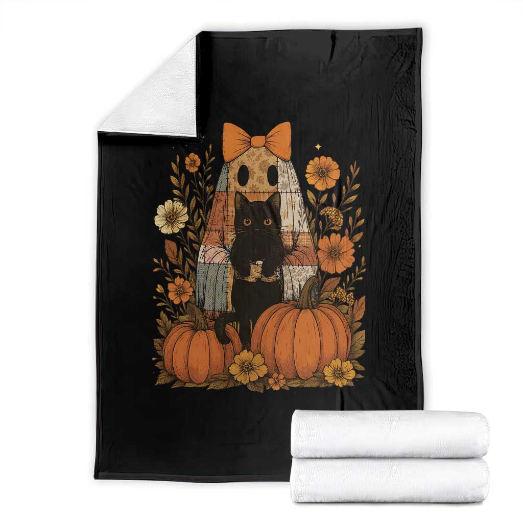 Halloween Vintage Patchwork Ghost Holding Black Cat Groovy Floral Throw Blanket TS11 Black Print Your Wear