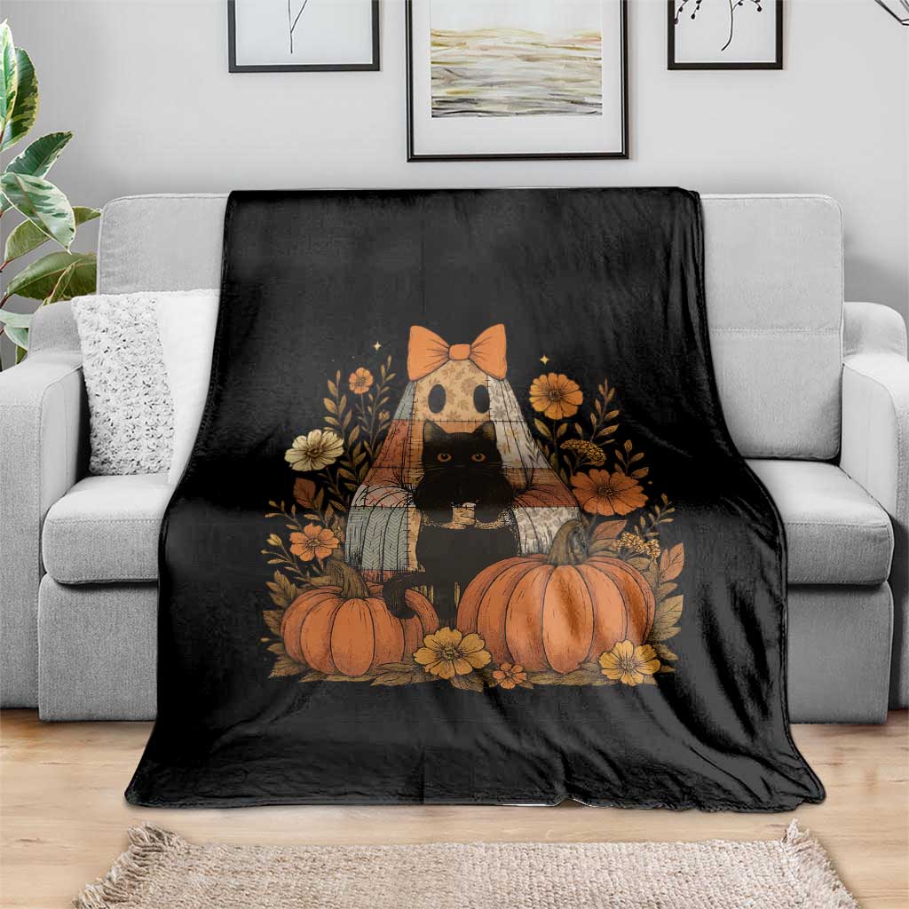Halloween Vintage Patchwork Ghost Holding Black Cat Groovy Floral Throw Blanket TS11 Print Your Wear