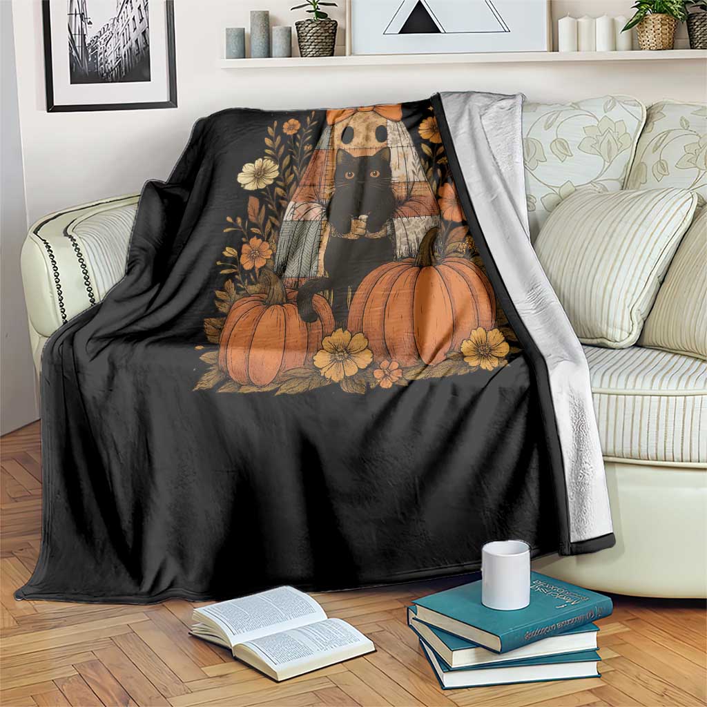 Halloween Vintage Patchwork Ghost Holding Black Cat Groovy Floral Throw Blanket TS11 Print Your Wear