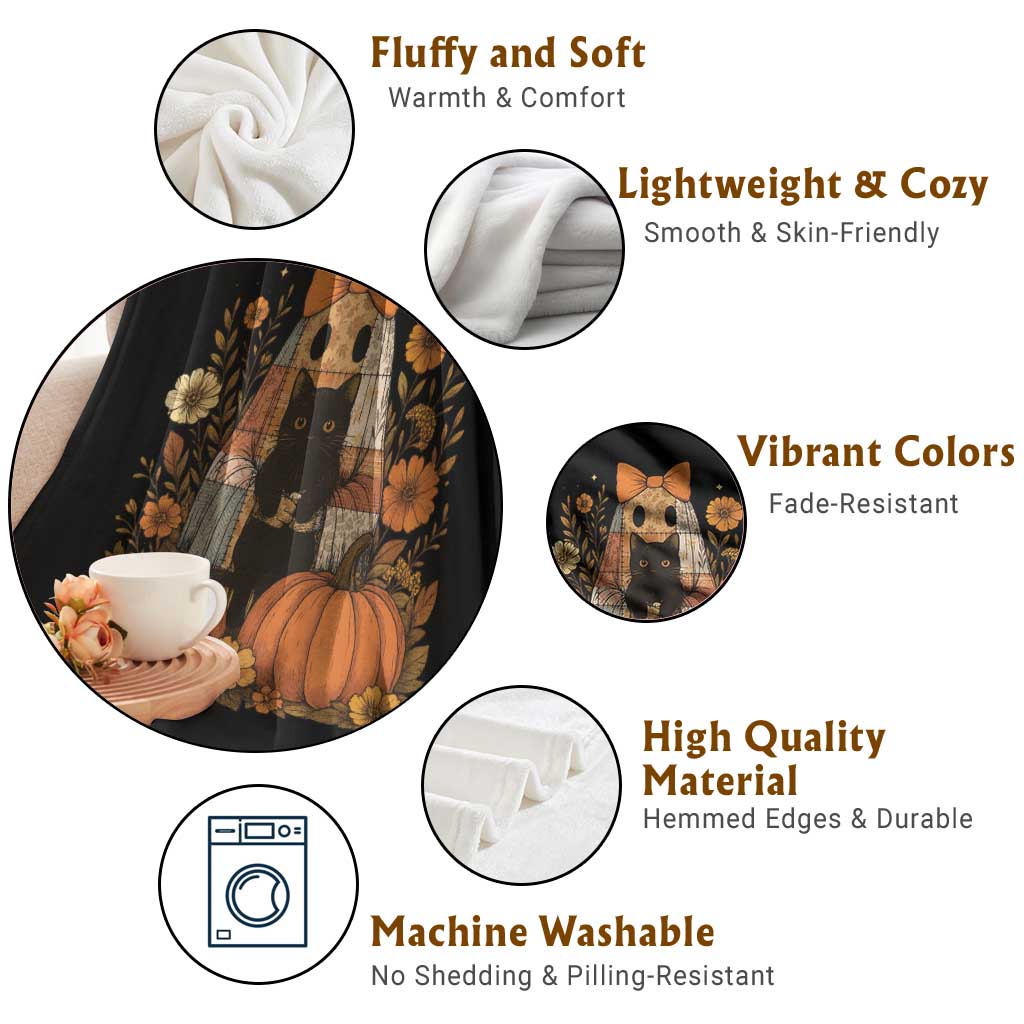 Halloween Vintage Patchwork Ghost Holding Black Cat Groovy Floral Throw Blanket TS11 Print Your Wear