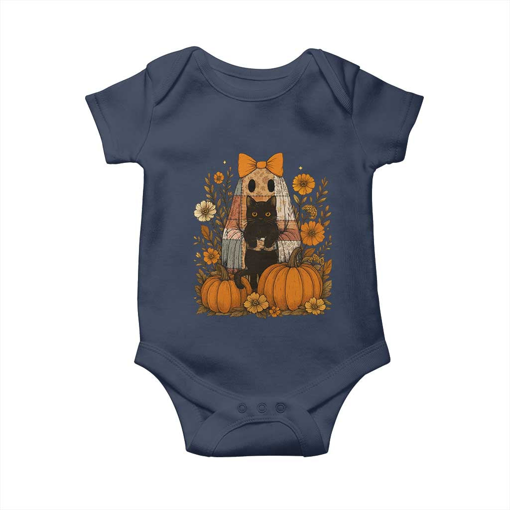 Halloween Vintage Patchwork Ghost Holding Black Cat Groovy Floral Baby Onesie TS11 Navy Print Your Wear