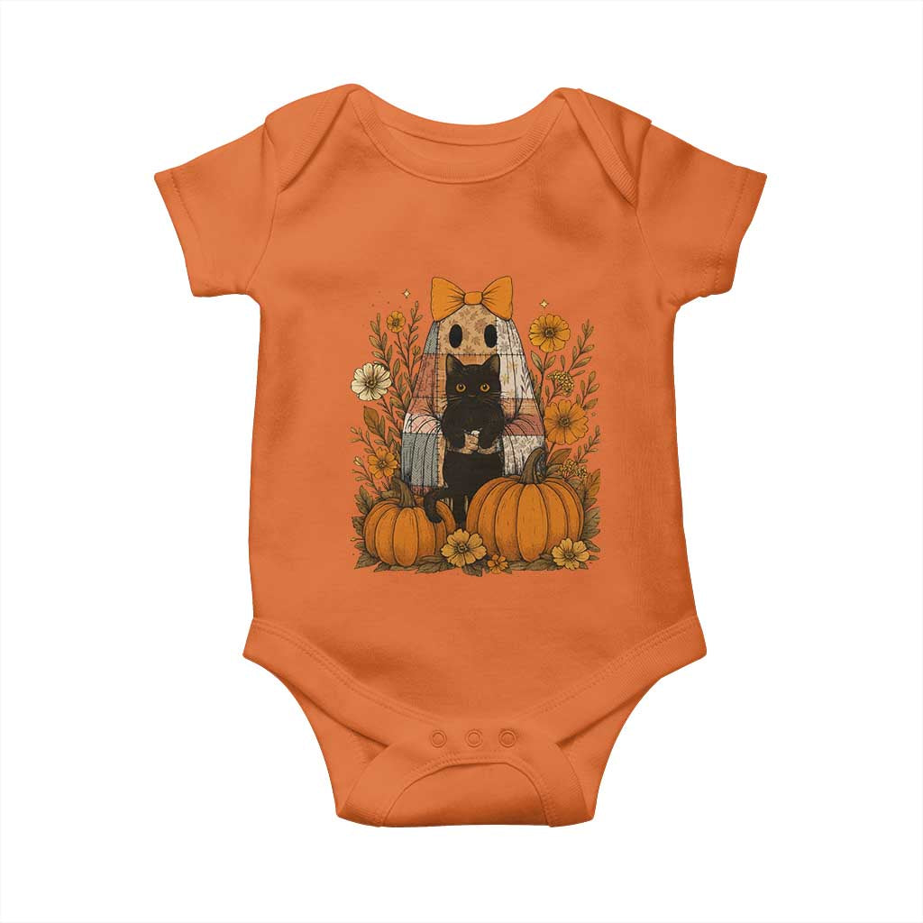 Halloween Vintage Patchwork Ghost Holding Black Cat Groovy Floral Baby Onesie TS11 Orange Print Your Wear