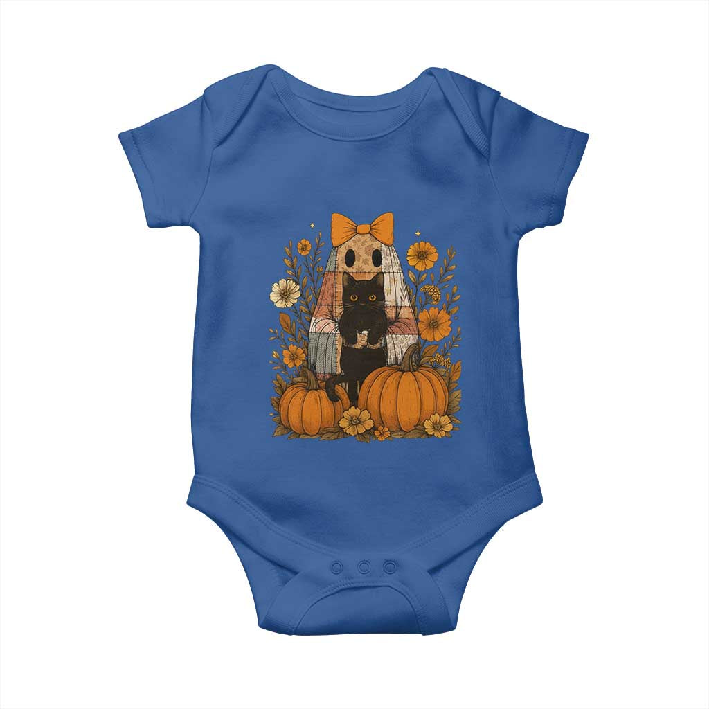 Halloween Vintage Patchwork Ghost Holding Black Cat Groovy Floral Baby Onesie TS11 Royal Blue Print Your Wear