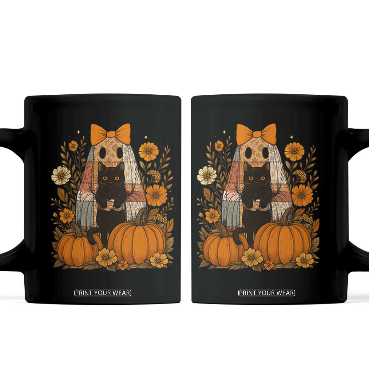 Halloween Vintage Patchwork Ghost Holding Black Cat Groovy Floral Coffee Mug TS11 Black Print Your Wear