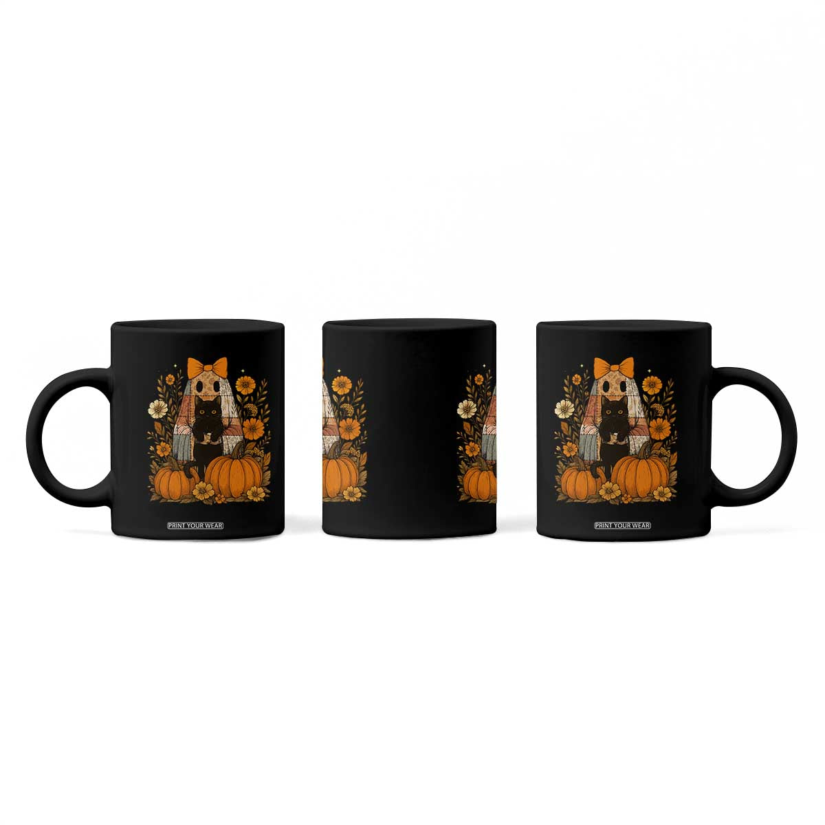Halloween Vintage Patchwork Ghost Holding Black Cat Groovy Floral Coffee Mug TS11 Print Your Wear