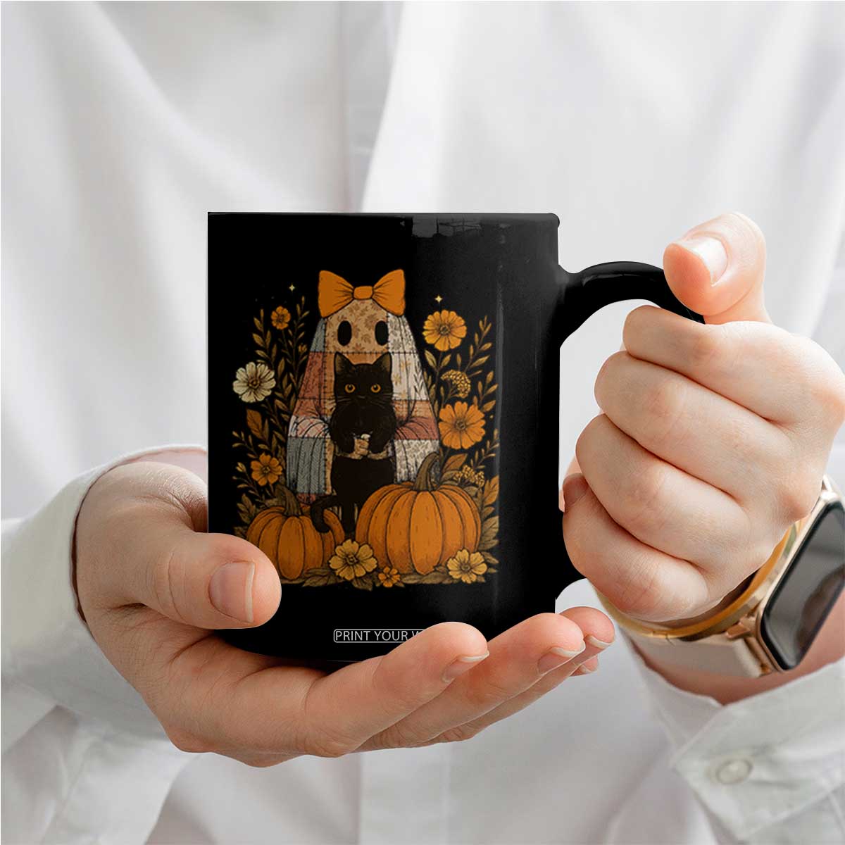 Halloween Vintage Patchwork Ghost Holding Black Cat Groovy Floral Coffee Mug TS11 Print Your Wear