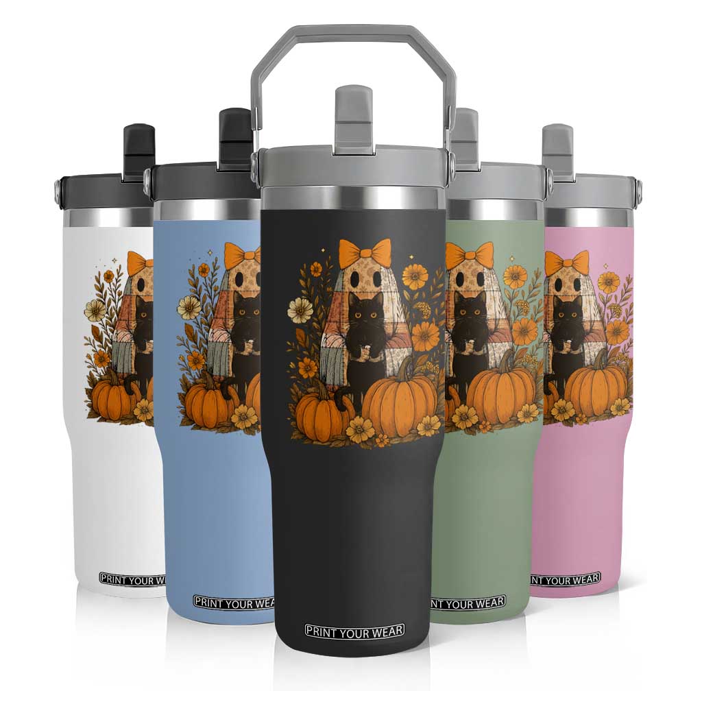 Halloween Vintage Patchwork Ghost Holding Black Cat Groovy Floral Flip Straw Tumbler TS11 Print Your Wear