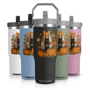 Halloween Vintage Patchwork Ghost Holding Black Cat Groovy Floral Flip Straw Tumbler TS11 Print Your Wear